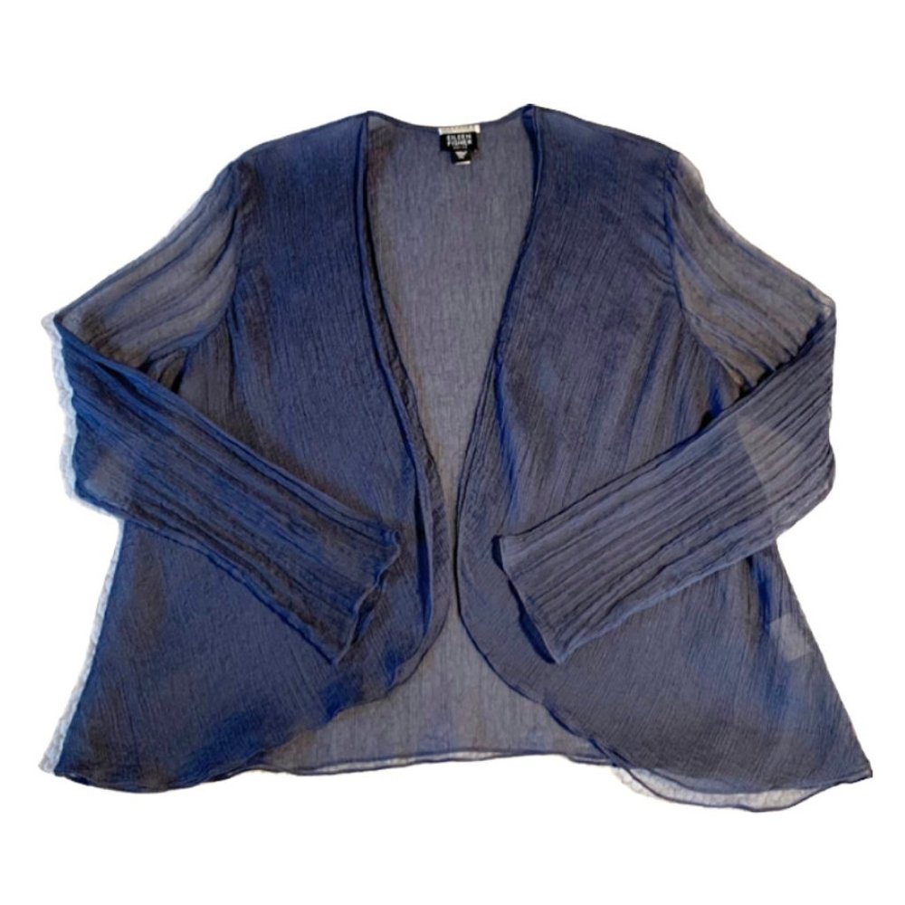 Eileen Fisher Sheer Silk Long Sleeve Cardigan (Blue) Size PL